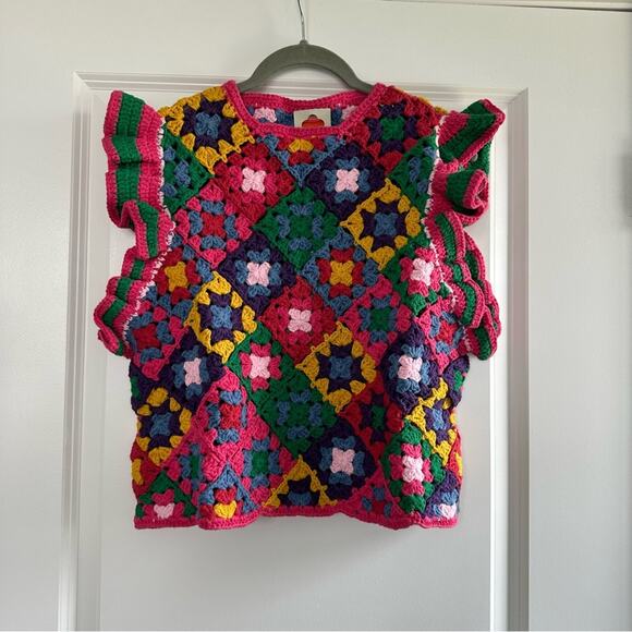 Farm Rio Crochet Vest Ruffle Colorful Chunky Knit Top - Picture 3 of 4